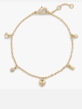 NWT- Coach 14K Gold Plated Heart Charm Bracelet with Crystal Accent